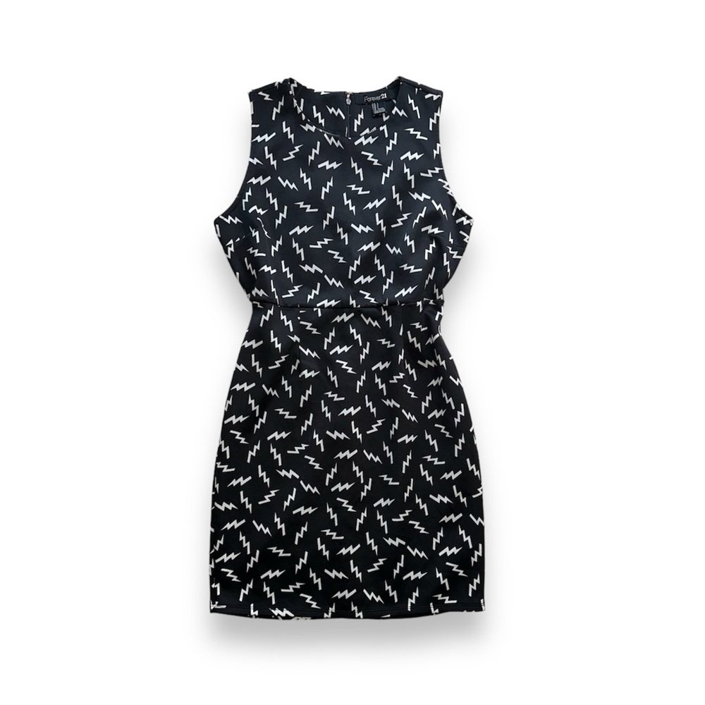 BLACK & WHITE LIGHTENING BOLT COCKTAIL DRESS W/ BACK ZIPPER · SIZE L - Picture 1 of 7